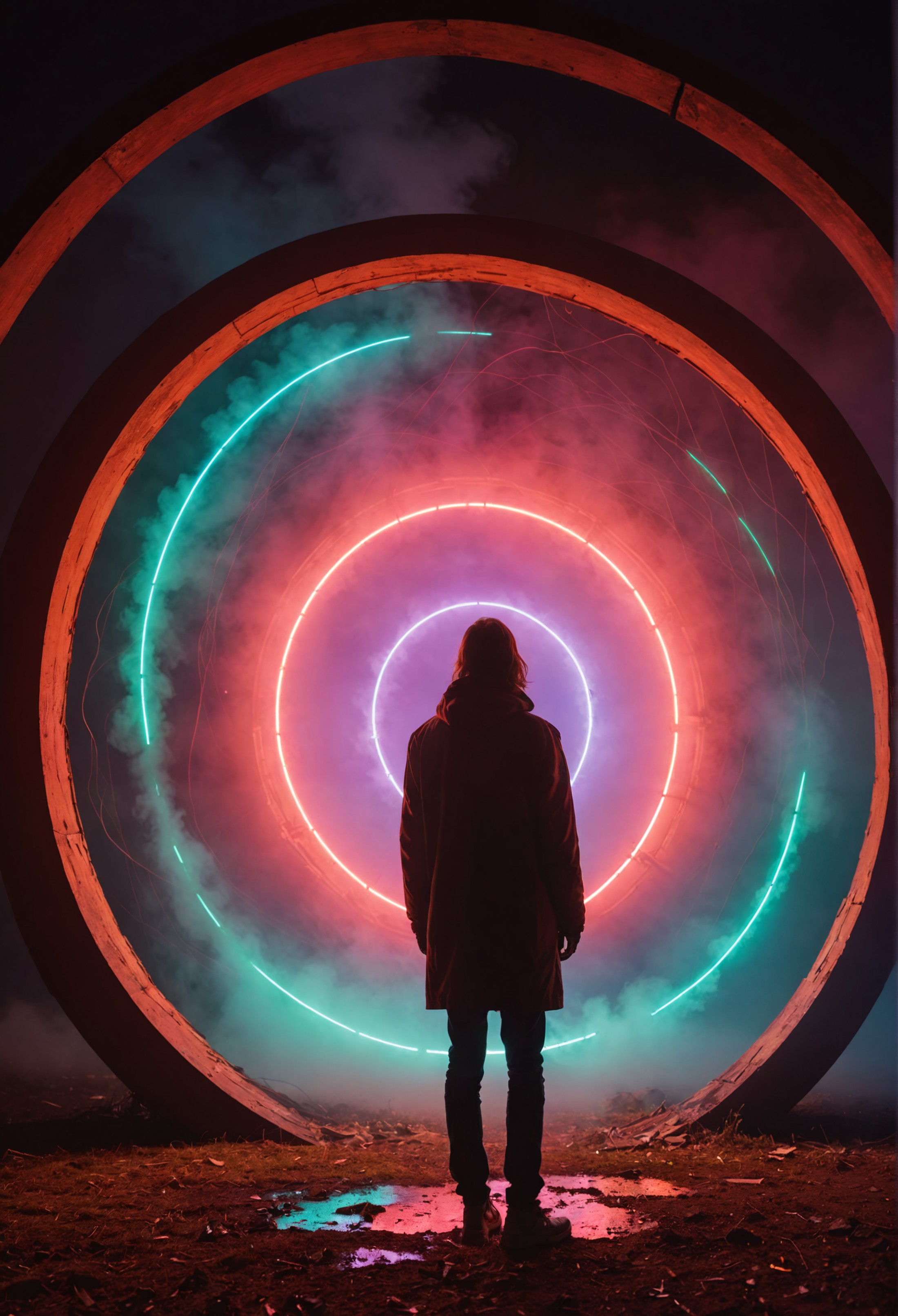 RAW Photo, an alien artifact, dense geometric structure, mysterious glowing portal, surrounded by neon lit fog, a person i...